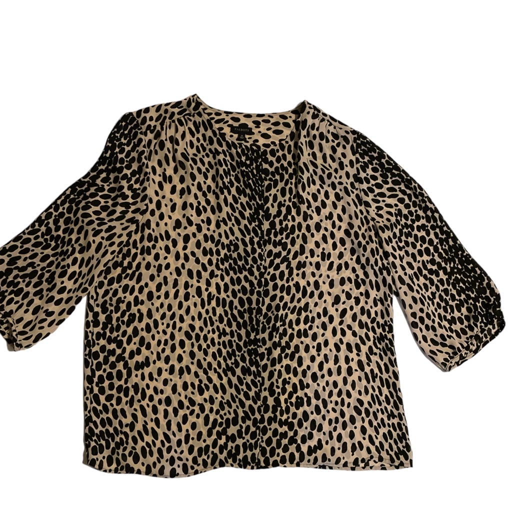 Talbots Blouse Womens Size 12 Tan Animal Print Hidden Button Up 3/4 Sleeves